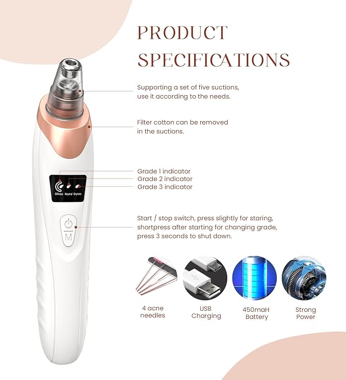 2025 Blackhead Remover Pore Vacuum,Facial Pore Cleaner-5 Suction Power,5 Probes,USB Rechargeable Blackhead Vacuum Kit Electric Acne Extractor Tool for Adult (White)