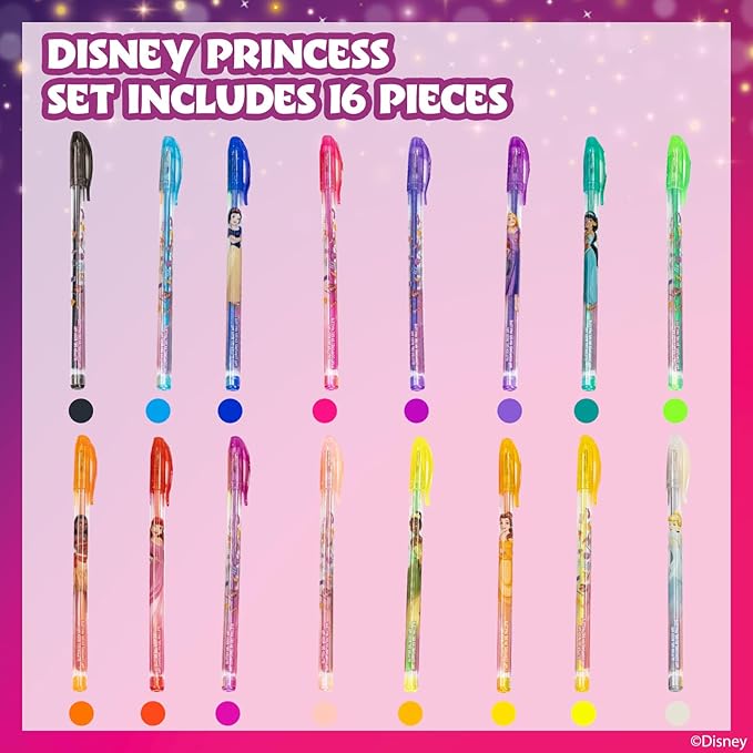 Disney Princess 16 Piece Glitter Pen Body Art Set, Glittery and Bright Colors, Ages 3+, by Townley Girl