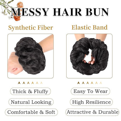 MORICA 1PCS Messy Hair Bun Hair Scrunchies Extension Curly Wavy Messy Bun Hair Synthetic Chignon Hairpieces for Women (2#(Natural Black))