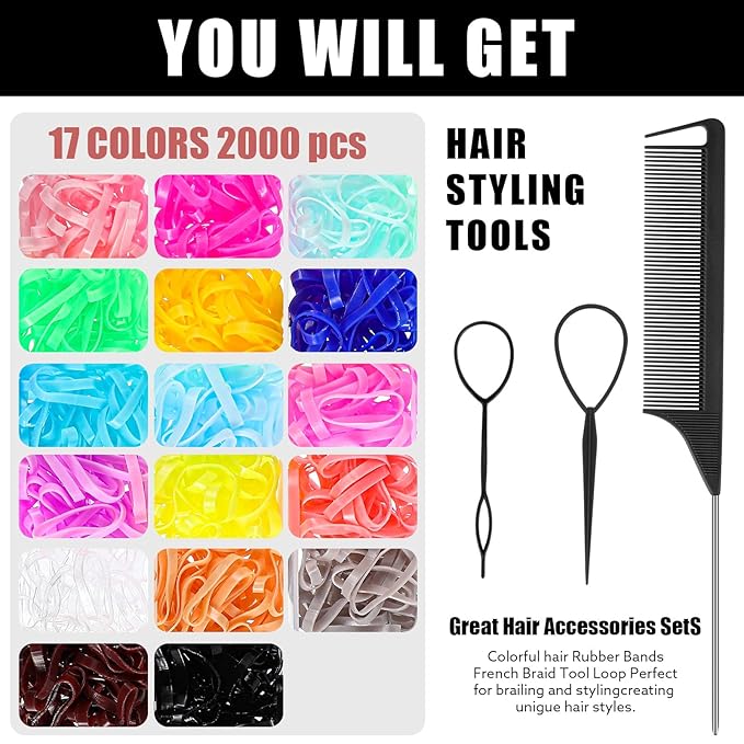 2400 Pcs Rubber Bands for Hair, Small Rubber Bands with Hair Styling Tools Colorful Elastic Hair Ties for Baby Girl Toddler Hair Accessories Stocking Stuffers for Girls Women