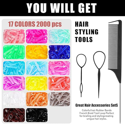 2400 Pcs Rubber Bands for Hair, Small Rubber Bands with Hair Styling Tools Colorful Elastic Hair Ties for Baby Girl Toddler Hair Accessories Stocking Stuffers for Girls Women
