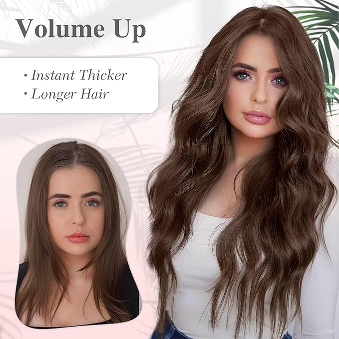 MORICA Halo Hair Extensions 20 Inch Medium Brown Invisible Wire Hair Extensions,Long Wavy Synthetic Hairpiece with Transparent Wire Adjustable Size, 4 Secure Clips for Women