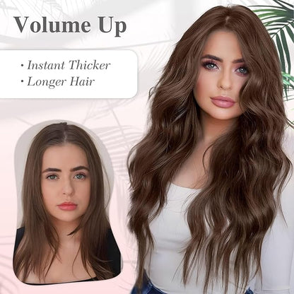 MORICA Halo Hair Extensions 20 Inch Medium Brown Invisible Wire Hair Extensions,Long Wavy Synthetic Hairpiece with Transparent Wire Adjustable Size, 4 Secure Clips for Women