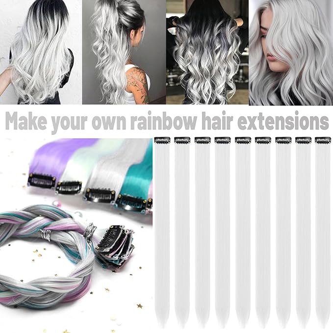 22 inch Colored Hair Extensions, Multi-colors Party Highlights Clip in Long Synthetic Hair Extensions for Girls Women Kids Party Gift(10 PCS White)