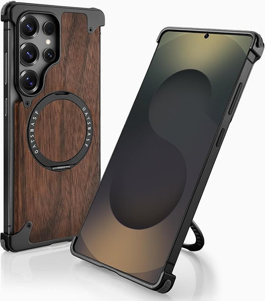 OATSBASF Magnetic Wood Case Compatible with Samsung Galaxy S25 Ultra, [Natural Wood & Aluminum] Shockproof Protective Cover Unique Wooden Case with 360° Ring Stand, Black
