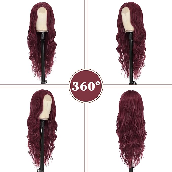 NAYOO Long Wine Red Wavy Wig for Women 26 Inch Middle Part Curly Wavy Wig Natural Looking Synthetic Heat Resistant Fiber for Daily (Wine Red)