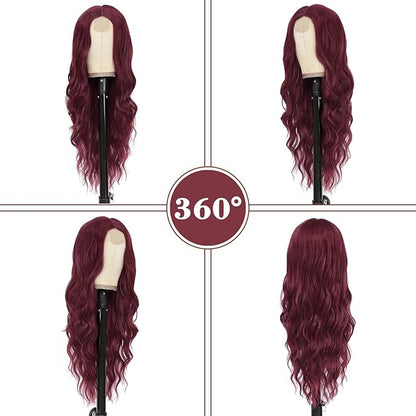 NAYOO Long Wine Red Wavy Wig for Women 26 Inch Middle Part Curly Wavy Wig Natural Looking Synthetic Heat Resistant Fiber for Daily (Wine Red)