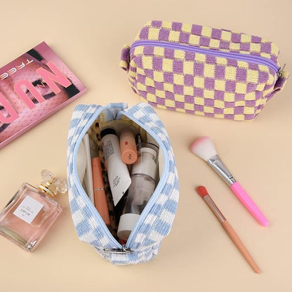2 Pieces Makeup Bag Checkered Cosmetic Bag Purple Blue Makeup Pouch Travel Toiletry Bag Organizer Cute Makeup Brushes Storage Bag for Women