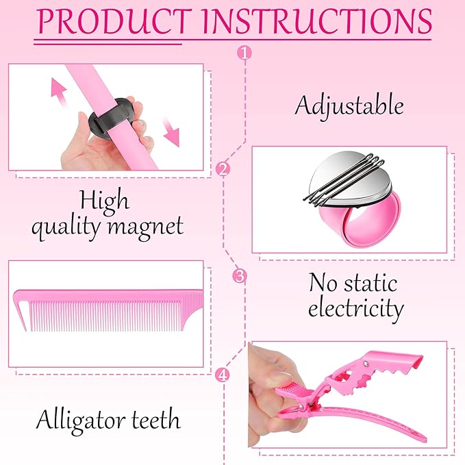 22 Pieces Magnetic Wrist Sewing Pincushion with Hair Braiding Tools - Stainless Steel Pintail Rat Tail Comb, Wide Teeth Alligator Sectioning Clip, Hair Parting Ring Tool, and Pin Wristband (Pink)