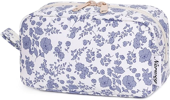 Narwey Small Makeup Bag for Purse Travel Makeup Pouch Mini Cosmetic Bag Zipper Pouch for Women (Little Grayish Blue Flower, Small)
