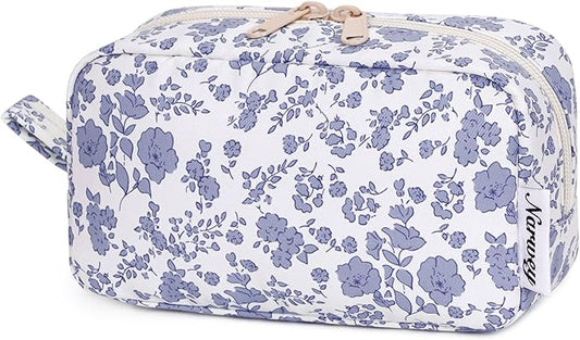 Narwey Small Makeup Bag for Purse Travel Makeup Pouch Mini Cosmetic Bag Zipper Pouch for Women (Little Grayish Blue Flower, Small)
