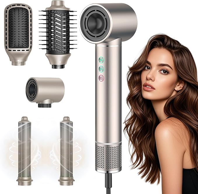5 in 1 Hot air Blow Dryer Brush Hair Dryer Curling Wand Volumizing Brush Straightening Brush Blow Dryer Brush - Rapid Drying, Volume Boost, Ionic Smoothing, 110k RPM Motor（Champagne）