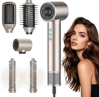 5 in 1 Hot air Blow Dryer Brush Hair Dryer Curling Wand Volumizing Brush Straightening Brush Blow Dryer Brush - Rapid Drying, Volume Boost, Ionic Smoothing, 110k RPM Motor（Champagne）