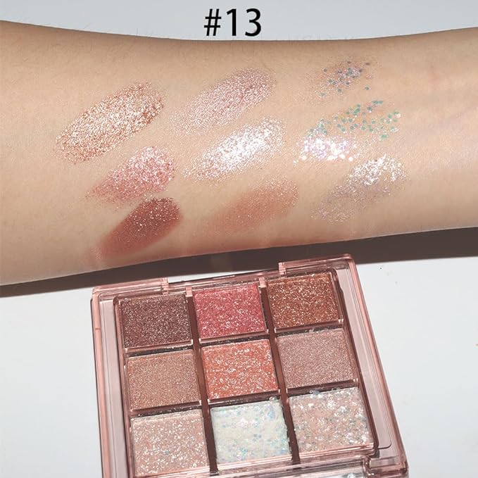 9 Colors Glitter Eyeshadow Palette Naturing-Looking Women Girls Eye Shadow,Pink White Gold Glitter Shimmer Sparkly Eye Shadow Palette Makeup,Warm Pastel Eyeshadows Palette Long Lasting Waterproof