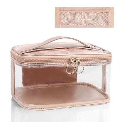 OCHEAL Clear Makeup Bags,Portable Cosmetic Bag Travel Makeup Organizer case Make Up Bag for Women and Girls Cosmetics Toiletries Brushes Slots and Divider-Clear Rose Gold