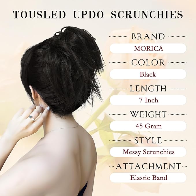 MORICA Tousled Updo Messy Bun Hair Piece Hair Extension Ponytail with Elastic Rubber Band Updo Wavy Bun Extensions Synthetic Hair Extensions Scrunchies Chignons Hairpiece for Women 1B