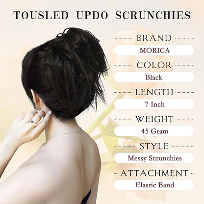 MORICA Tousled Updo Messy Bun Hair Piece Hair Extension Ponytail with Elastic Rubber Band Updo Wavy Bun Extensions Synthetic Hair Extensions Scrunchies Chignons Hairpiece for Women 1B