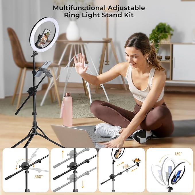Aureday 12" Selfie Ring Light with Stand and Phone Holder, Overhead Ringlight Tripod for iPhone Photography-LED Circle Lighting with Mic Mount&Remote for Video Recording/Live Streaming/Singing/Cooking