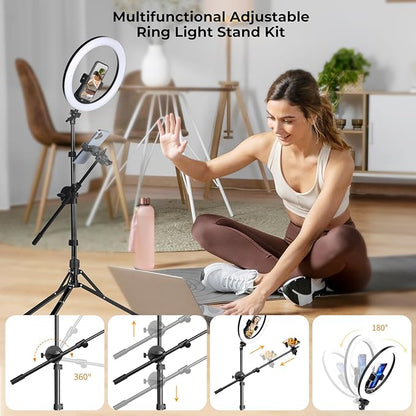 Aureday 12" Selfie Ring Light with Stand and Phone Holder, Overhead Ringlight Tripod for iPhone Photography-LED Circle Lighting with Mic Mount&Remote for Video Recording/Live Streaming/Singing/Cooking