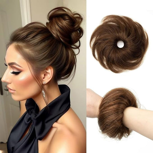 1PCS Messy Bun Hair Piece Human Hair Thick Updo Curly Wavy Chignons Scrunchies for Women Bun Donut Updo Hair Pieces Bun Extension (#04 Medium Brown)
