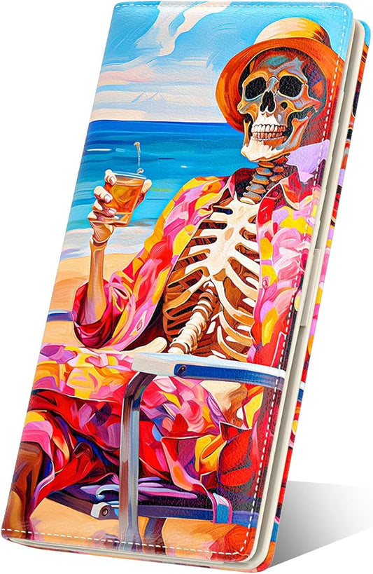 Nipichsha Womens Wallet, RFID Slim Wallets for Women, Thin Ladies Credit Card Holder Purse, Cute Leather Bifold Clutch Billfold with 11 Card Slots & ID Window, Beach Skull