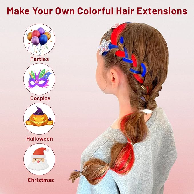 16 Pcs Colored Hair Extensions Curly Wavy Clip in Synthetic Hair Extensions,Colorful Party Highlights Hairpiece Streak for Girls Women Kids (Red Blue)