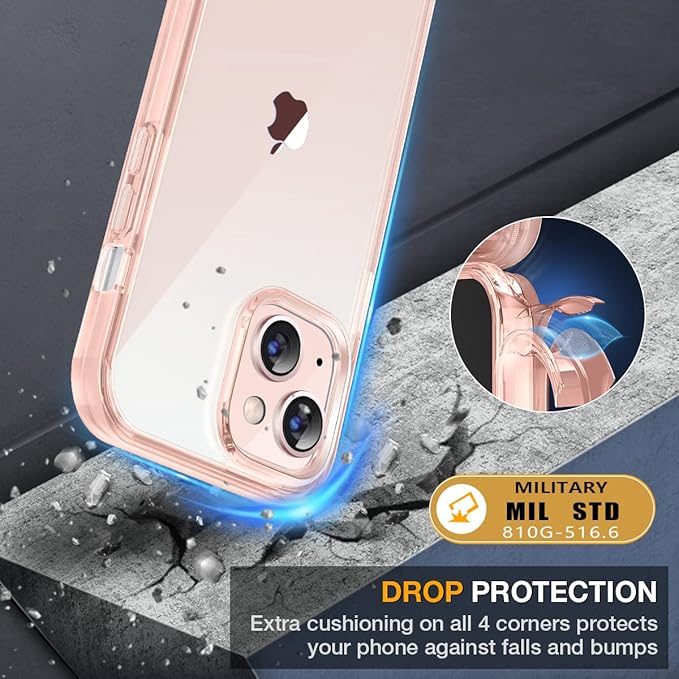 Miracase Glass iPhone 13 Case 6.1 inch, 2023 Upgrade Full-Body Clear Bumper Case with Built-in 9H Tempered Glass Screen Protector for iPhone 13,Clear Pink