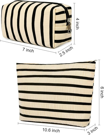 2 Pieces Makeup Bag Large Stripe Cosmetic Bag Capacity Canvas Mix Travel Toiletry Bag Organizer Cute Makeup Brushes Aesthetic Accessories Storage Bag for Women, Stripe Mix White