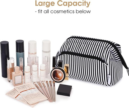 Narwey Striped Makeup Bag Women Wide-open Make up Bag Travel Cosmetic Bag Organizer Toiletry Bag for Cosmetics Toiletries Accessories (Black Stripe)