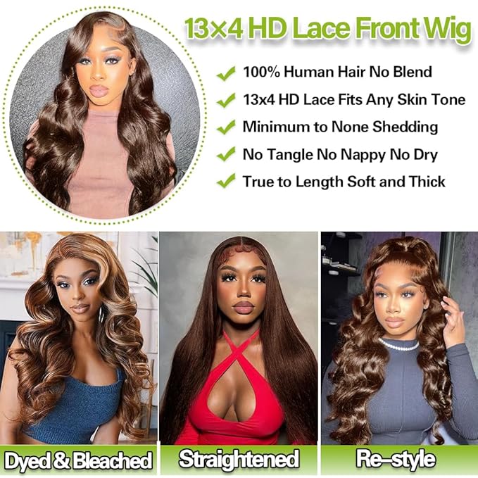 28 Inch Body Wave Lace Front Wigs Human Hair Chocolate Brown 13x4 HD Lace Frontal Wigs Human Hair Pre Plucked with Natural Hairline 200 Density Body Wave Frontal for Women Dark Brown Color
