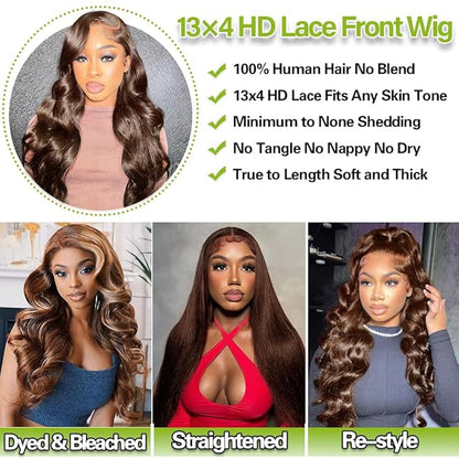 28 Inch Body Wave Lace Front Wigs Human Hair Chocolate Brown 13x4 HD Lace Frontal Wigs Human Hair Pre Plucked with Natural Hairline 200 Density Body Wave Frontal for Women Dark Brown Color