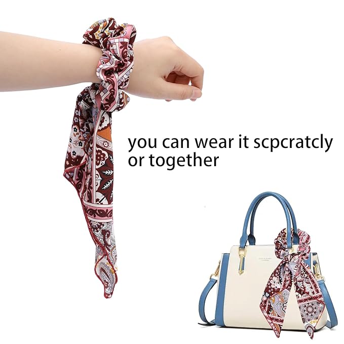 Paisley Scrunchie Scarfs Large Hair Bow Scrunchies Chiffon Hair Scarf Ties Long Tail Ponytail Holders Bandana Scrunchy Ribbons Fashion Hair Scarves Bows Bands Accessories for Women with 6PCS