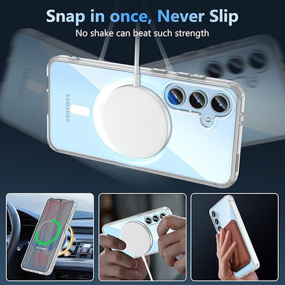OWKEY for Samsung Galaxy S24 FE Case 6.7'', Magnetic Galaxy S24 FE Case for Magsafe with Tempered Screen Protector [Shockproof Military] Translucent Matte Bumper Phone Cover Samsung S24 FE 5G, Clear
