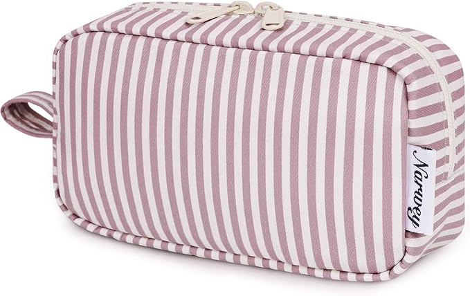Narwey Small Makeup Bag for Purse Travel Makeup Pouch Mini Cosmetic Bag Zipper Pouch for Women (Dusty Rose Stripe, Small)
