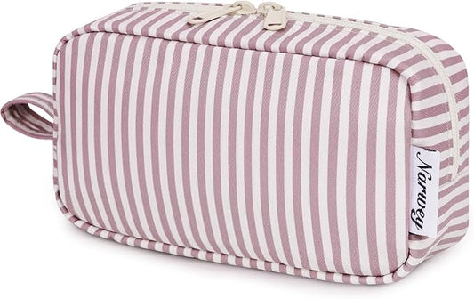 Narwey Small Makeup Bag for Purse Travel Makeup Pouch Mini Cosmetic Bag Zipper Pouch for Women (Dusty Rose Stripe, Small)