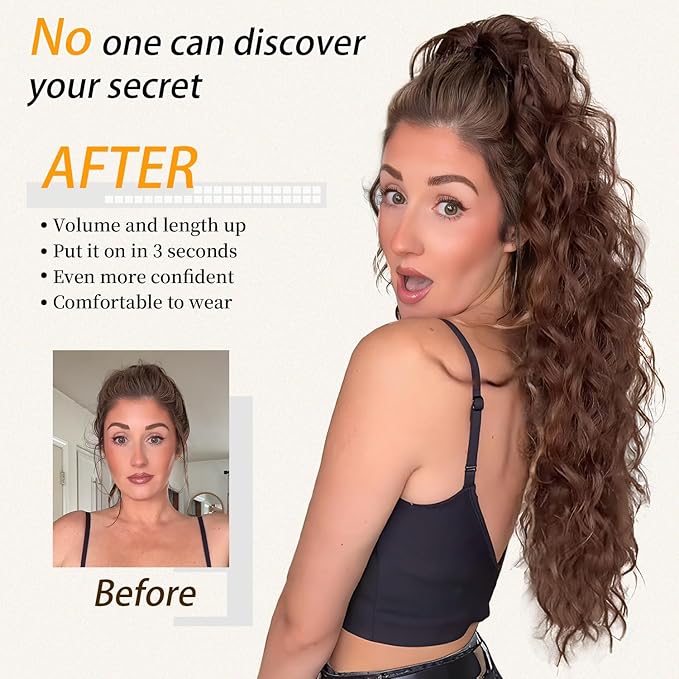 ORSUNCER Ponytail Extension 30" Curly Pony Tail Clip in hair extensions Fluffy Natural Looking Synthetic Hairpieces for Women Light Brown with Blonde