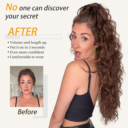 ORSUNCER Ponytail Extension 30" Curly Pony Tail Clip in hair extensions Fluffy Natural Looking Synthetic Hairpieces for Women Light Brown with Blonde