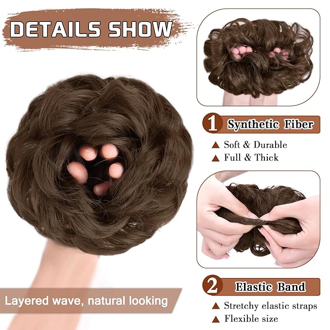 MORICA Messy Bun Hair Piece 1 PCS Curly Hair Bun Scrunchies Extension Synthetic Chignon Ponytail Hairpieces for Women (1-8#(Medium chestnut Brown))