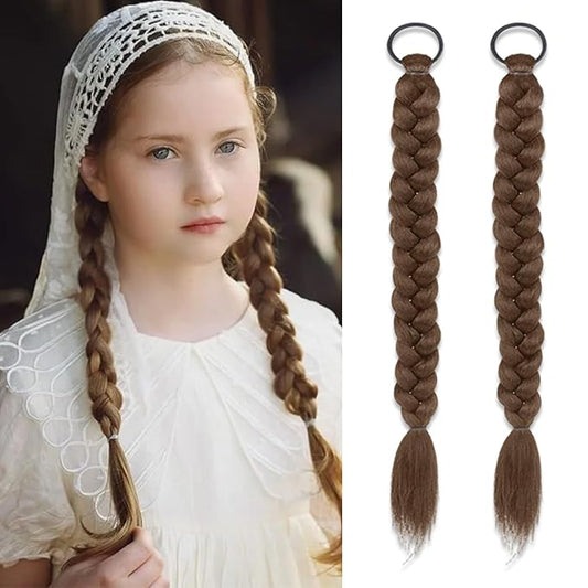 2Pcs Braided Ponytail Extensions with Hair Ties Light Brown Soft 16 Inch Synthetic Hair Pieces for Women Daily Wear Hair Accessories Styling Tools