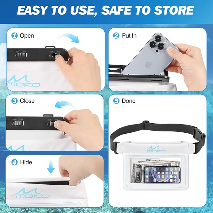 MoKo Waterproof Phone Pouch Pack, Floating Large Capacity Dry Bag for Kayaking Snorkeling Swimming, Compatible with iPhone 15 14 13 12 11 Pro Max X/Xr/Xs Max, Galaxy S23 Ultra/Note 20 Ultra, White