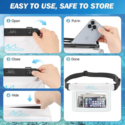 MoKo Waterproof Phone Pouch Pack, Floating Large Capacity Dry Bag for Kayaking Snorkeling Swimming, Compatible with iPhone 15 14 13 12 11 Pro Max X/Xr/Xs Max, Galaxy S23 Ultra/Note 20 Ultra, White