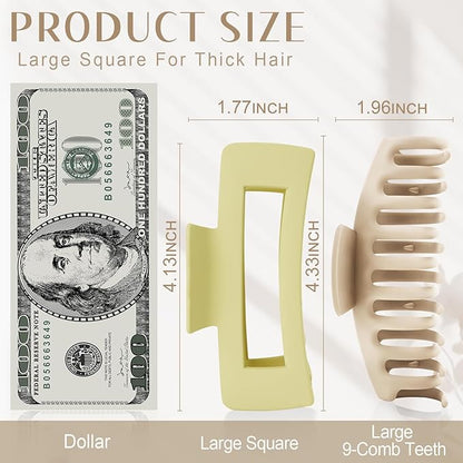 TOCESS Big Claw Clips for Women & Girls, 8 Pack 4.33 Inch Matte Jumbo Hair Claw Clips, Strong Hold Non-Slip Rectangle Hair Clamps for Thick, Curly, Long or Fine Hair