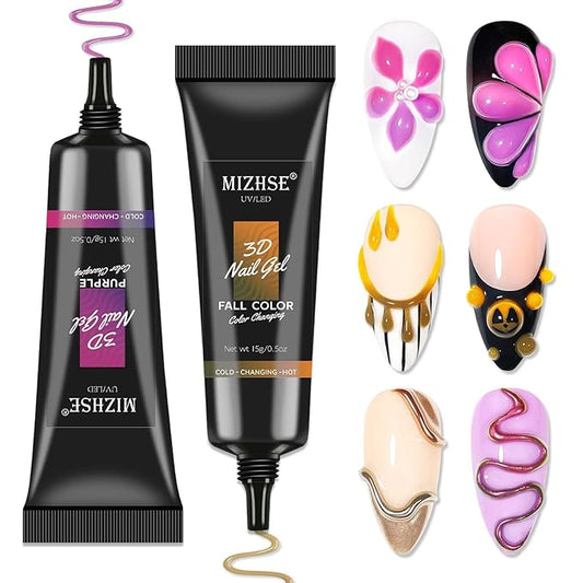 MIZHSE 3D Nail Gel - Nail Art Sculpting Gel 15g Color Changing Purple Orange 3D No Wipe Nail Design Molding for Nails Supply U V LED Home DIY