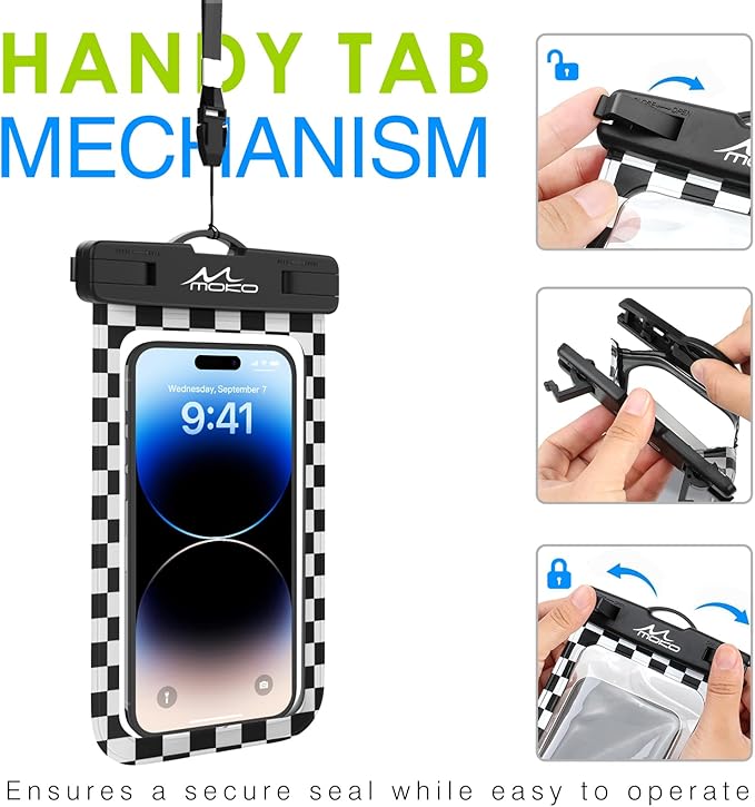 MoKo Waterproof Phone Pouch Holder, Cellphone Case Dry Bag with Lanyard Armband Compatible with iPhone 16 15 14 13 12 11 Pro Max, Samsung S24/S23/S21/S20/S10, Checkerboard