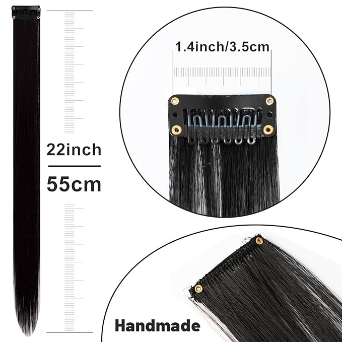 22 inch Colored Hair Extensions, Multi-colors Party Highlights Clip in Synthetic Hair Extensions, Color Party Highlights Hairpieces for Girls Women(10 PCS Black)