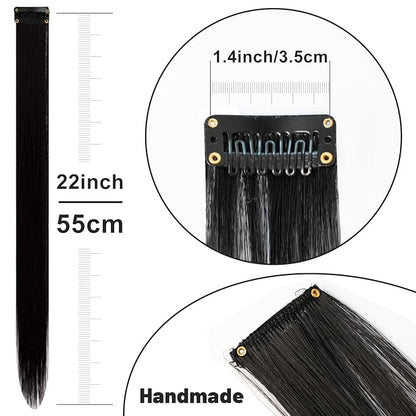 22 inch Colored Hair Extensions, Multi-colors Party Highlights Clip in Synthetic Hair Extensions, Color Party Highlights Hairpieces for Girls Women(10 PCS Black)