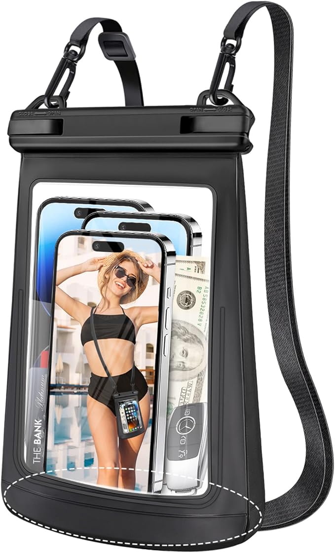2L Waterproof Phone Pouch for Cruise Essentials 2024 Women, Large Space Waterproof Bag, Adjustable Lanyard Dry Bag for Family Vacations, Beach, Cruises Ship for 3 Phones iPhone Galaxy - Black