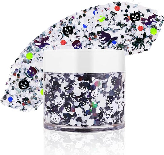 Halloween Body Glitter Gel,Black White Skull Pumpkin Professional Vibrant Music Festival Party Rave Accessories,Sparking Chunky Face Glitter Paint Makeup for Women and Kids