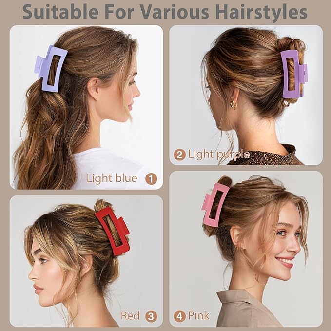 TOCESS 8 Pack Jumbo Hair Claw Clips for Women, Big 4.33 Inch Matte Finish Claw Clips, Durable Non-Slip Rectangle Claw Set for All Girls Hair Types like Thick, Thin, Wavy, or Straight Hair