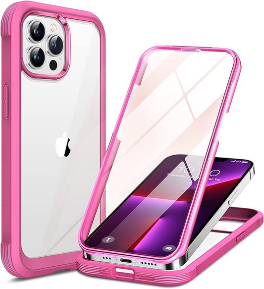 Miracase Glass Case for iPhone 13 Pro Max 6.7 inch, Upgrade Full-Body Clear Bumper Case with Built-in 9H Tempered Glass Screen Protector for iPhone 13 Pro Max, Dianthus Red